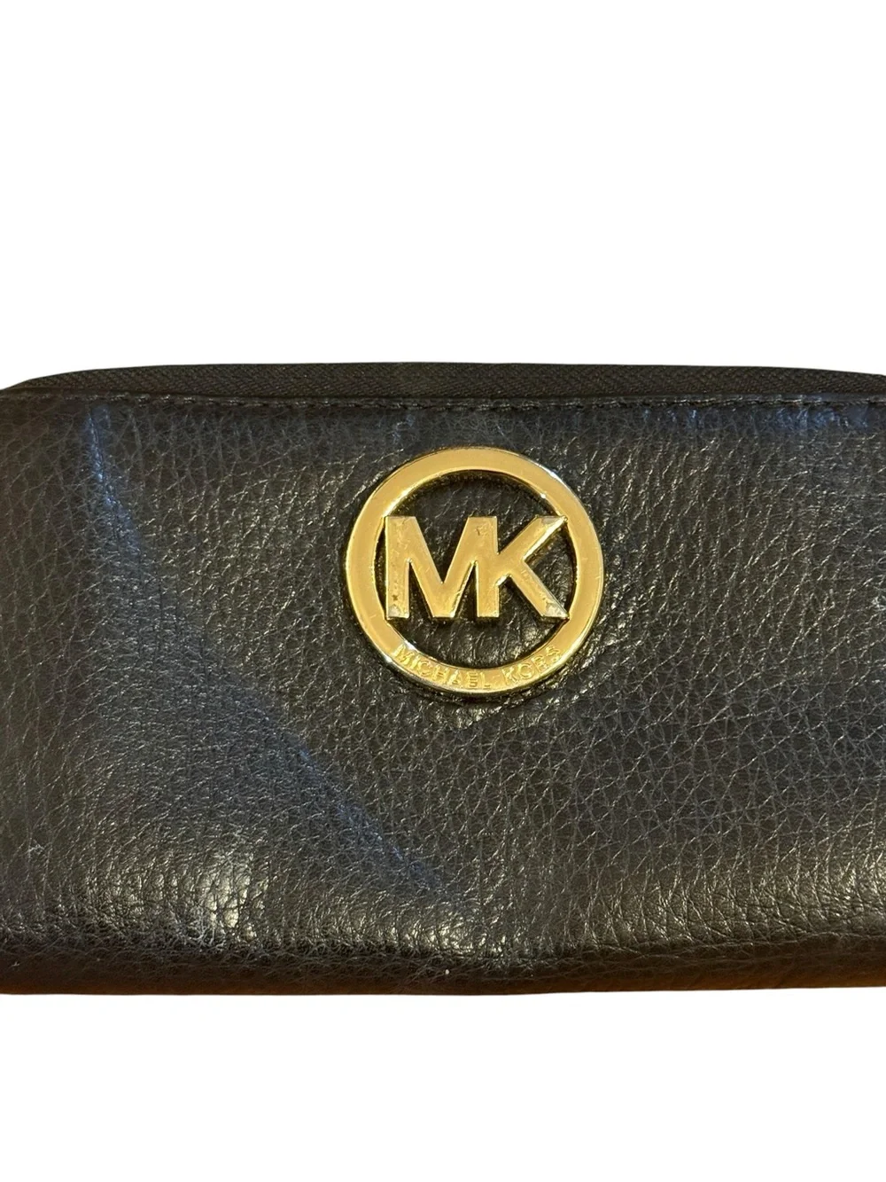 Michael Kors Black Leather Zip Wristlet with Gold MK Emblem